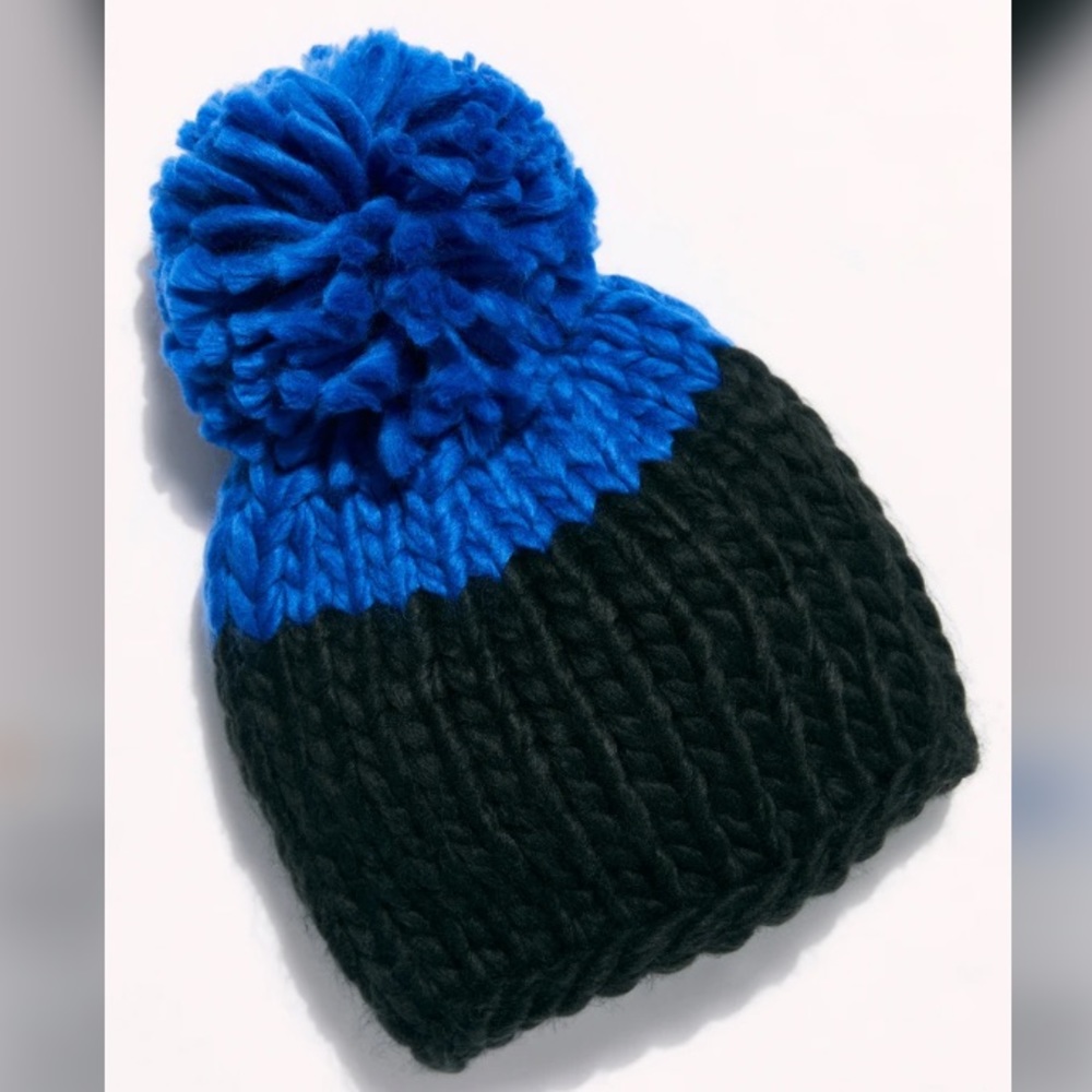 Free People Cozy Up Color Block Pom Beanie, Black/Blue